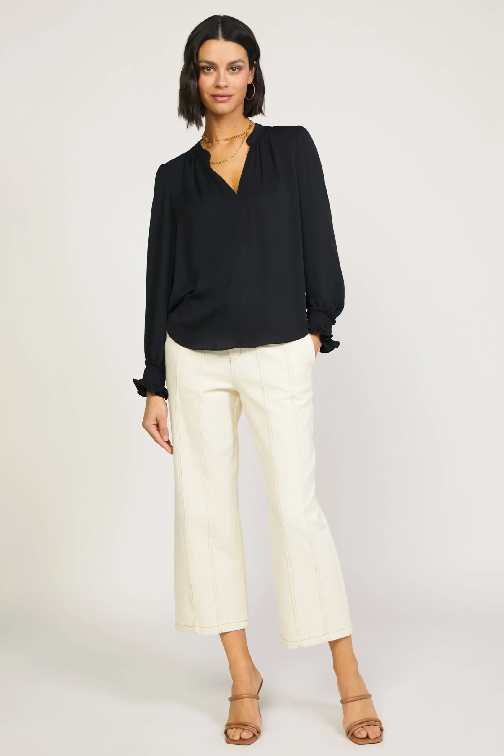 Current Air Long Sleeve Tops-Pleated Cuff Blouse BLACK