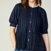 Current Air Short Sleeve Tops-Pleated Eyelet Blouse DARKNAVY