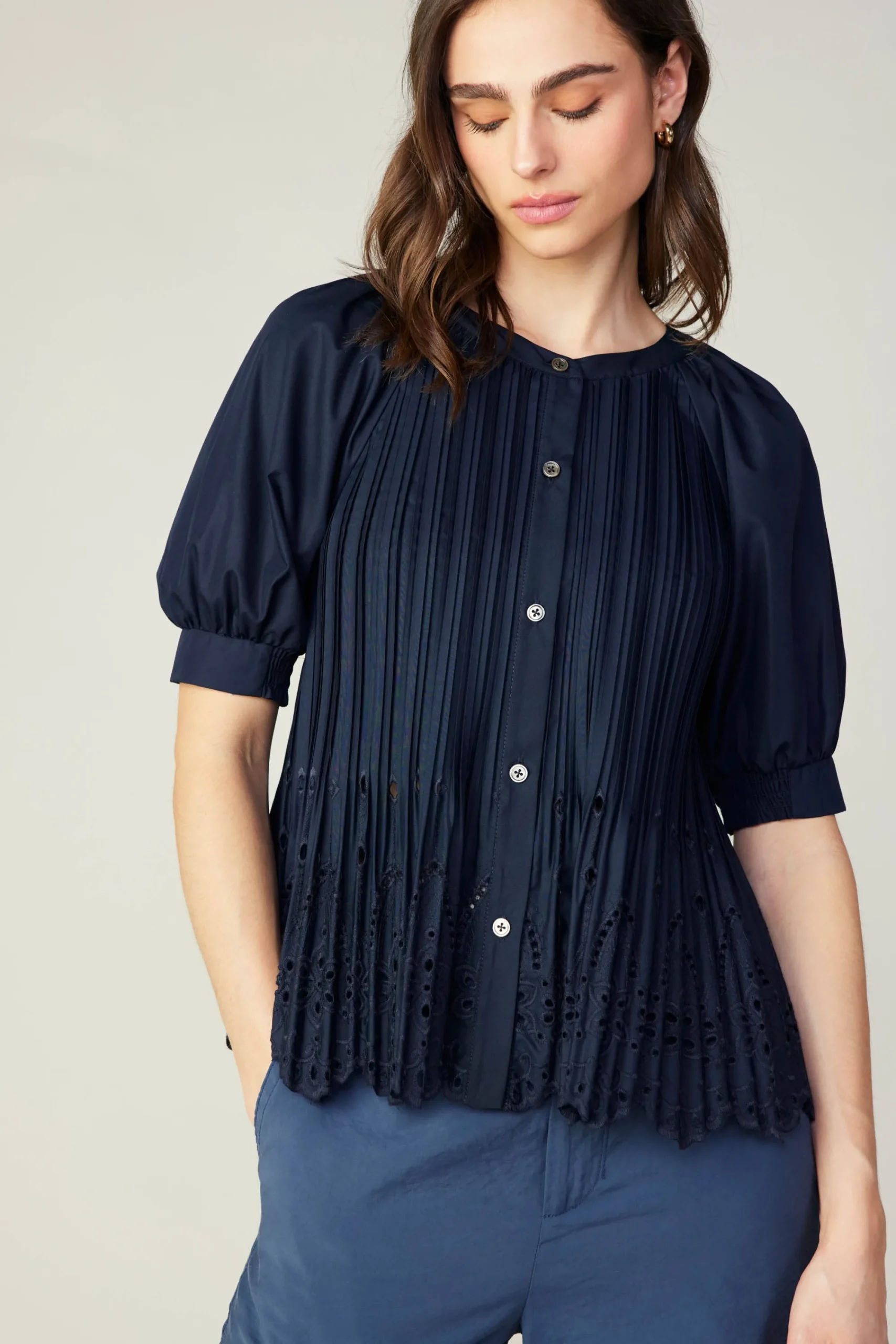 Current Air Short Sleeve Tops-Pleated Eyelet Blouse DARKNAVY