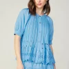 Current Air Short Sleeve Tops-Pleated Eyelet Blouse BABYBLUE