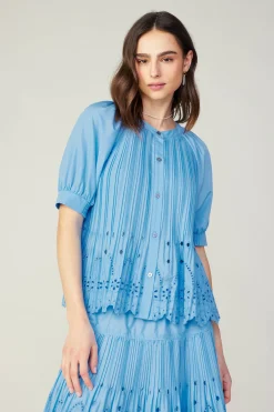 Current Air Short Sleeve Tops-Pleated Eyelet Blouse BABYBLUE