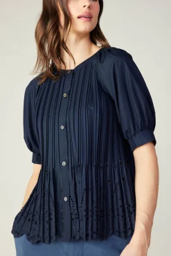 Current Air Short Sleeve Tops-Pleated Eyelet Blouse DARKNAVY