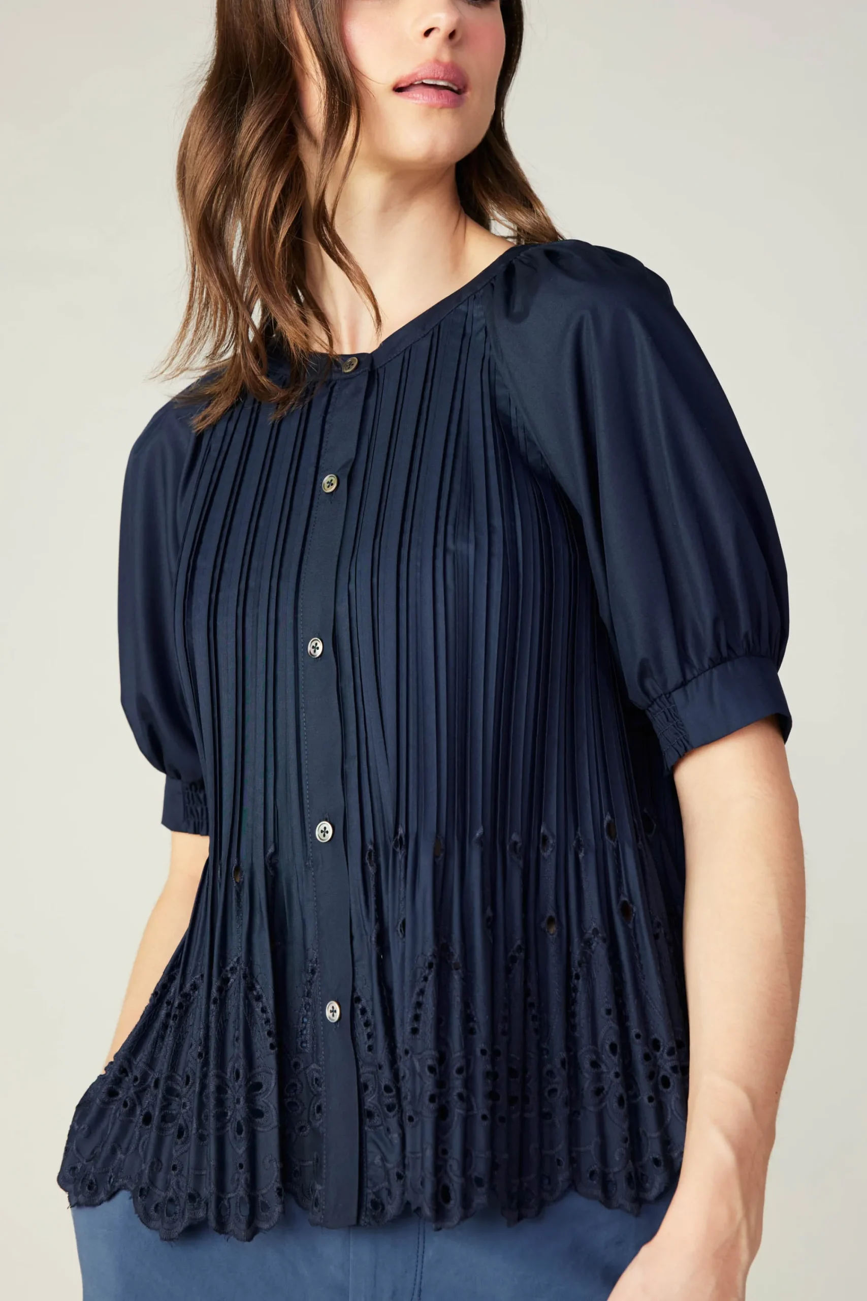 Current Air Short Sleeve Tops-Pleated Eyelet Blouse DARKNAVY
