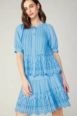 Current Air Short Sleeve Tops-Pleated Eyelet Blouse BABYBLUE