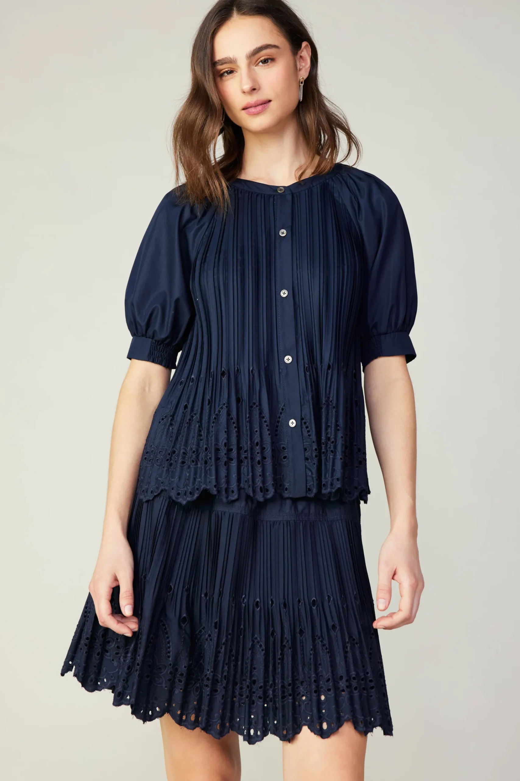 Current Air Short Sleeve Tops-Pleated Eyelet Blouse DARKNAVY