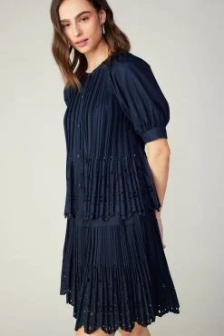 Current Air Short Sleeve Tops-Pleated Eyelet Blouse DARKNAVY