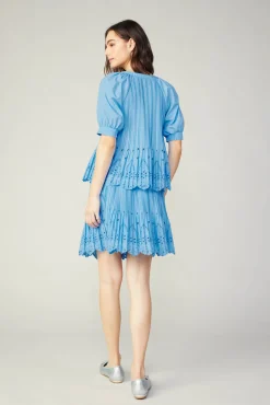 Current Air Short Sleeve Tops-Pleated Eyelet Blouse BABYBLUE