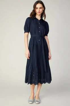Current Air Midi Dresses-Pleated Eyelet Midi Dress DARKNAVY