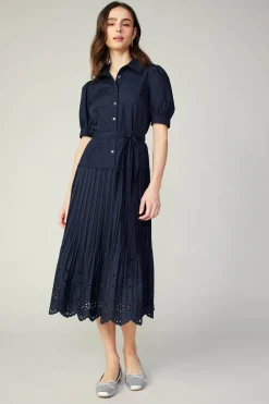 Current Air Midi Dresses-Pleated Eyelet Midi Dress DARKNAVY