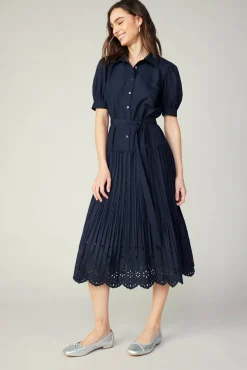 Current Air Midi Dresses-Pleated Eyelet Midi Dress DARKNAVY