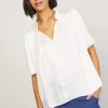 Current Air Short Sleeve Tops-Pleated Puff Sleeve Blouse WHITE