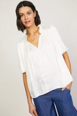 Current Air Short Sleeve Tops-Pleated Puff Sleeve Blouse WHITE