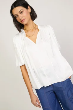 Current Air Short Sleeve Tops-Pleated Puff Sleeve Blouse WHITE
