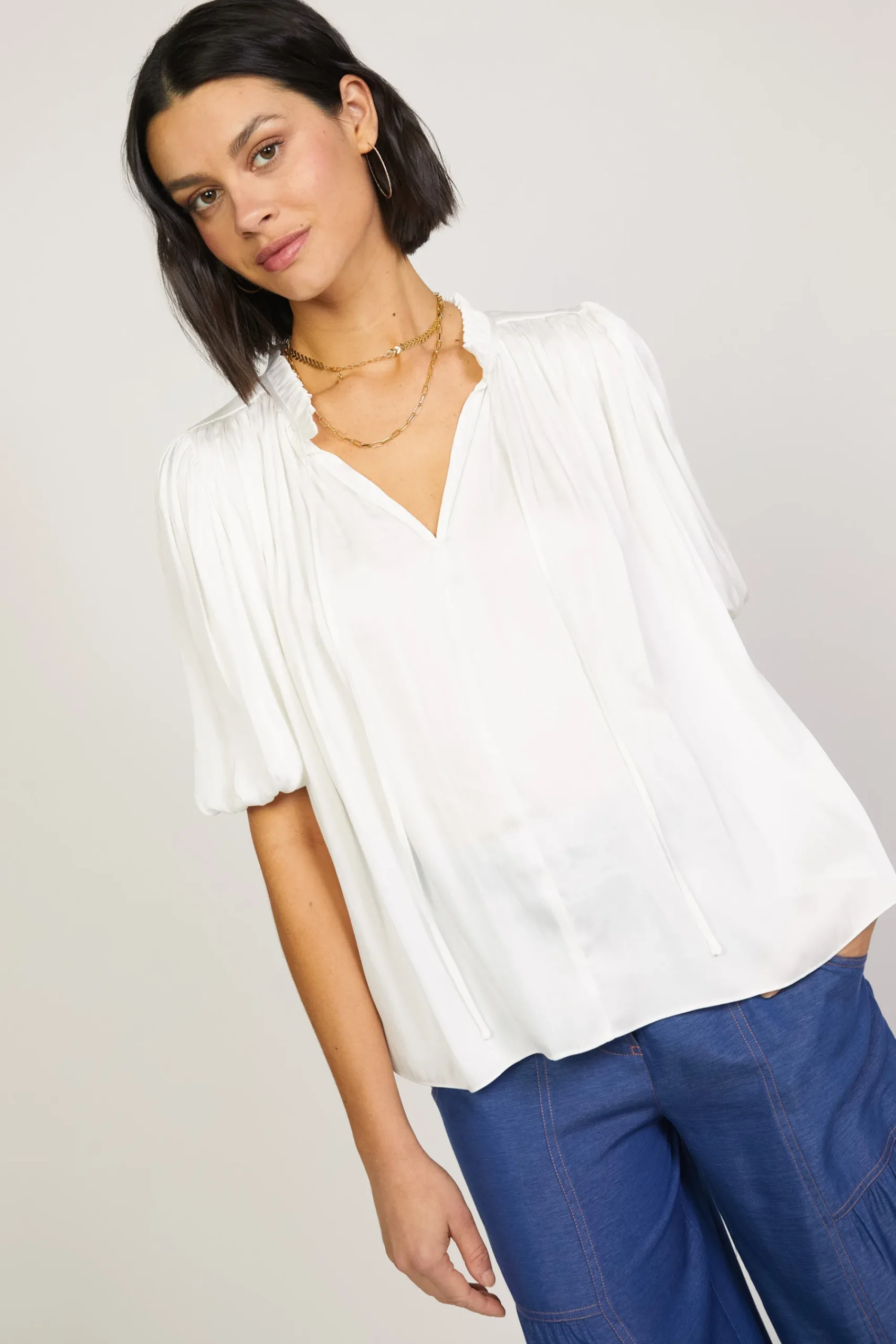 Current Air Short Sleeve Tops-Pleated Puff Sleeve Blouse WHITE