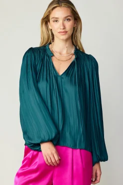 Current Air Long Sleeve Tops-Pleated Puffed Sleeve Blouse DARKTEAL