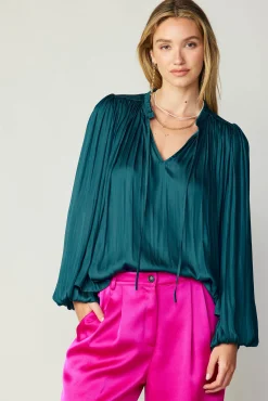 Current Air Long Sleeve Tops-Pleated Puffed Sleeve Blouse DARKTEAL