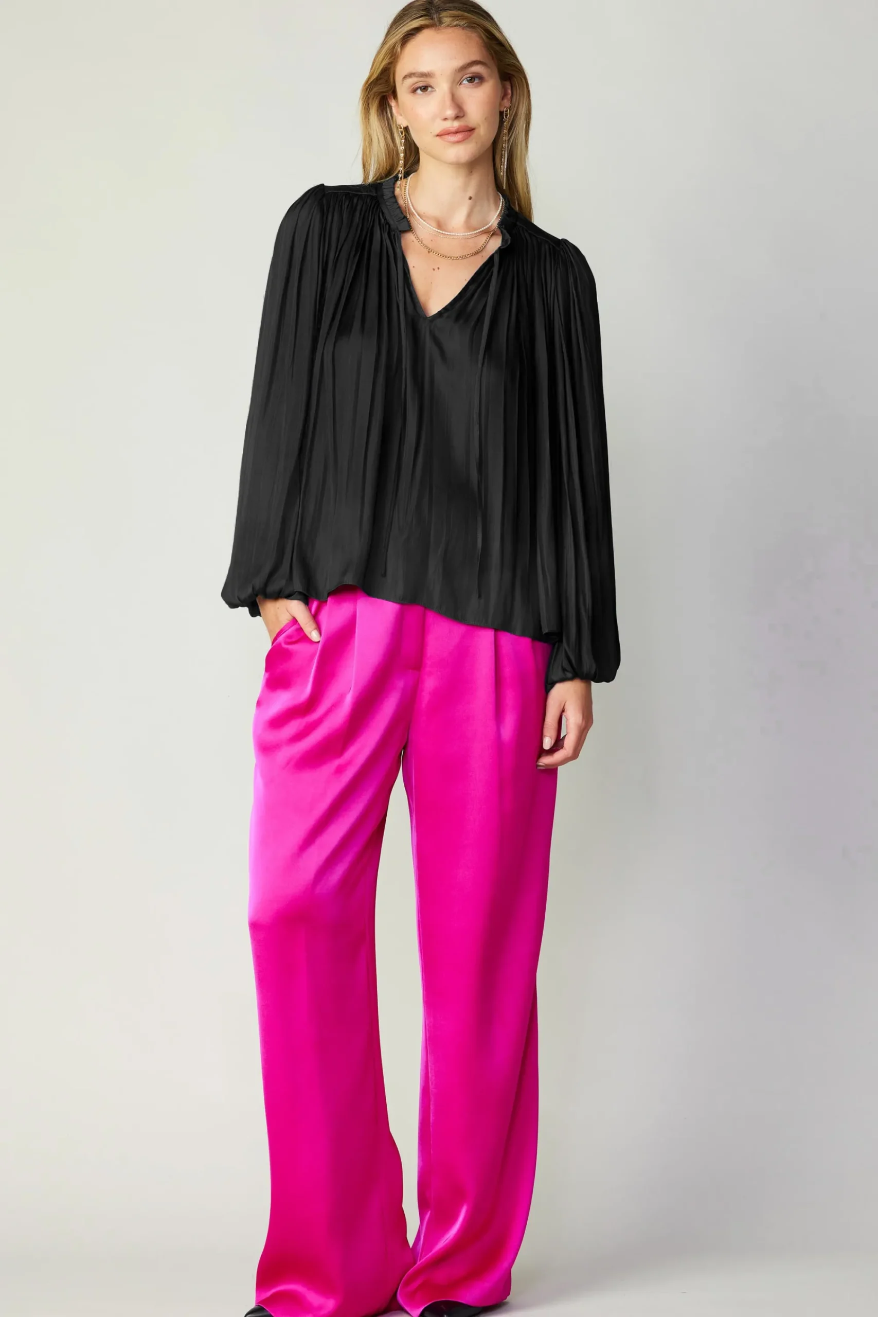 Current Air Long Sleeve Tops-Pleated Puffed Sleeve Blouse BLACK