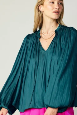 Current Air Long Sleeve Tops-Pleated Puffed Sleeve Blouse DARKTEAL