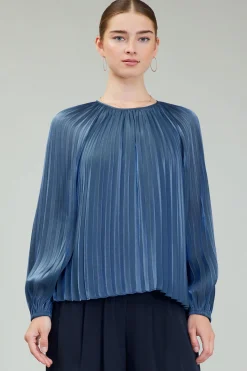 Current Air Long Sleeve Tops-Pleated Shimmery Blouse MIDNIGHTBLUE