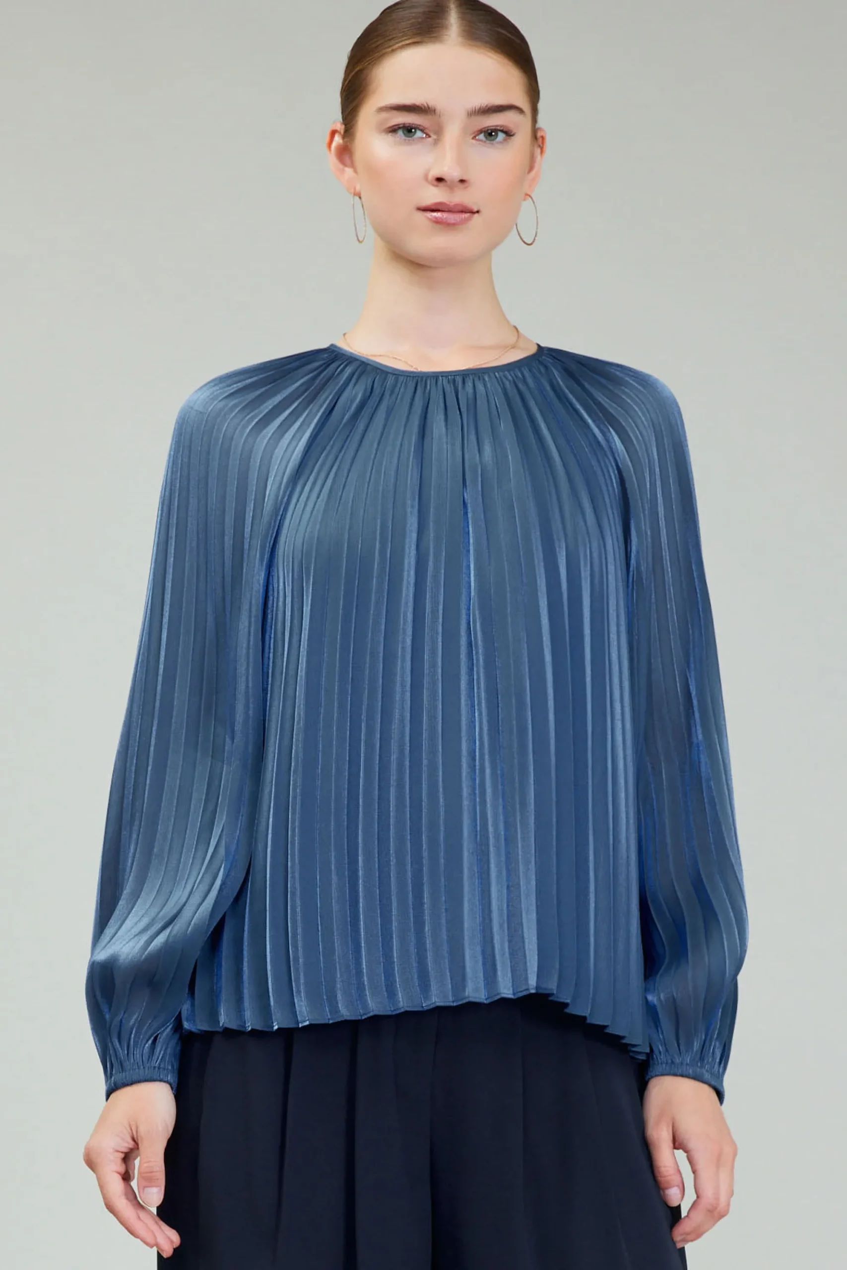 Current Air Long Sleeve Tops-Pleated Shimmery Blouse MIDNIGHTBLUE