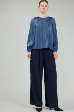 Current Air Long Sleeve Tops-Pleated Shimmery Blouse MIDNIGHTBLUE