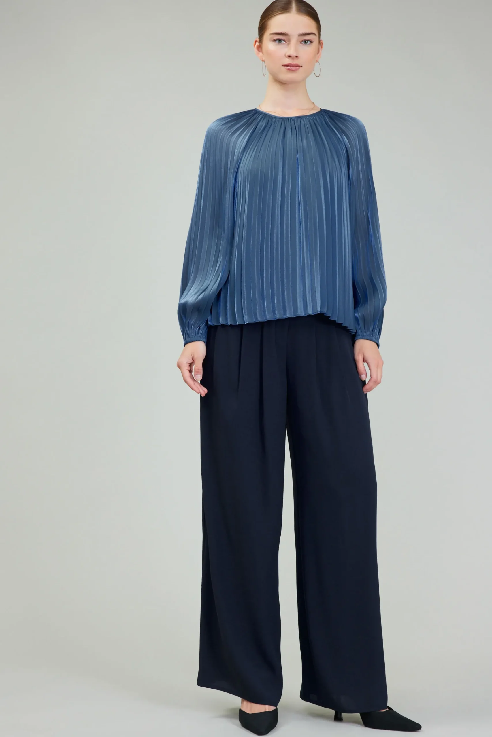Current Air Long Sleeve Tops-Pleated Shimmery Blouse MIDNIGHTBLUE
