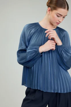 Current Air Long Sleeve Tops-Pleated Shimmery Blouse MIDNIGHTBLUE