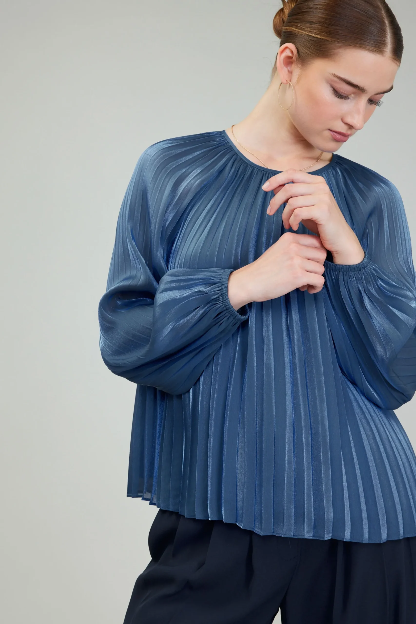 Current Air Long Sleeve Tops-Pleated Shimmery Blouse MIDNIGHTBLUE