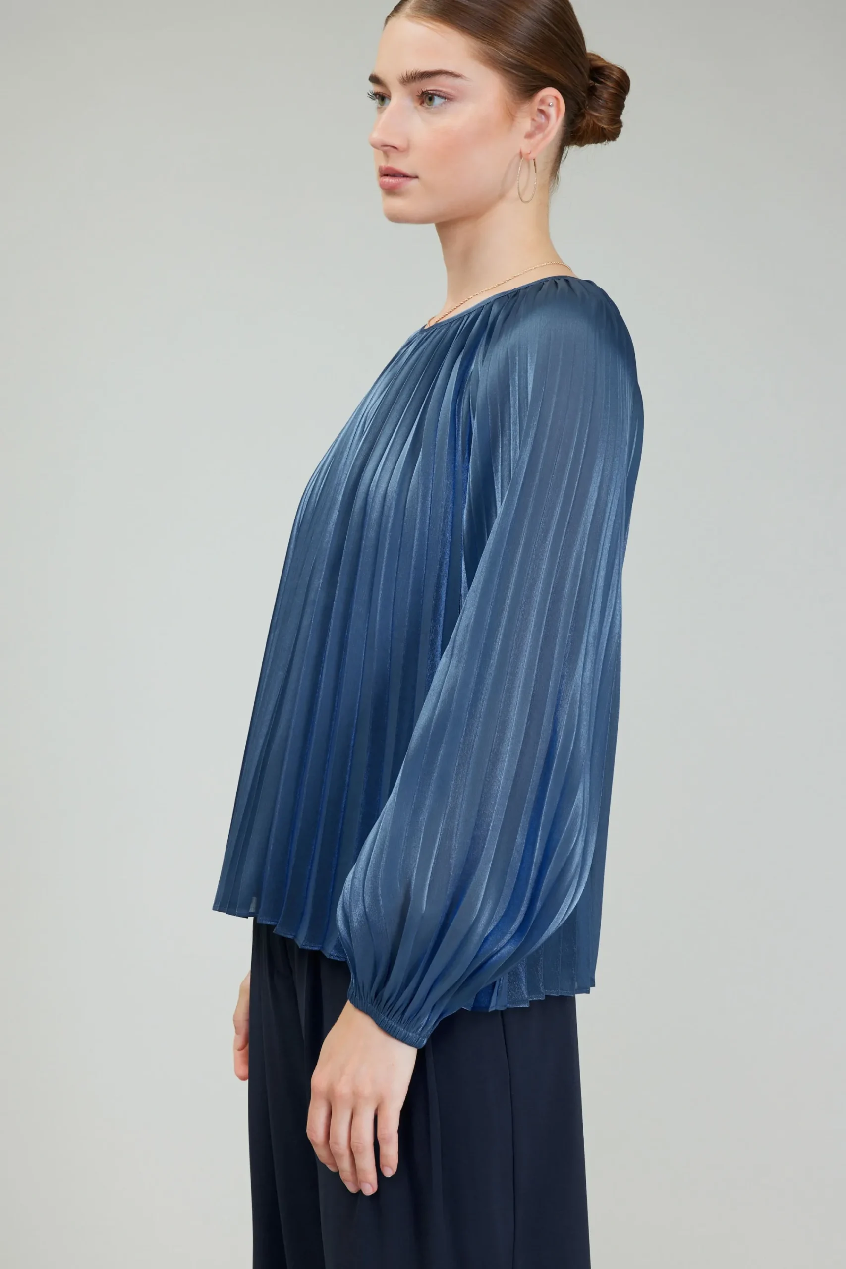 Current Air Long Sleeve Tops-Pleated Shimmery Blouse MIDNIGHTBLUE