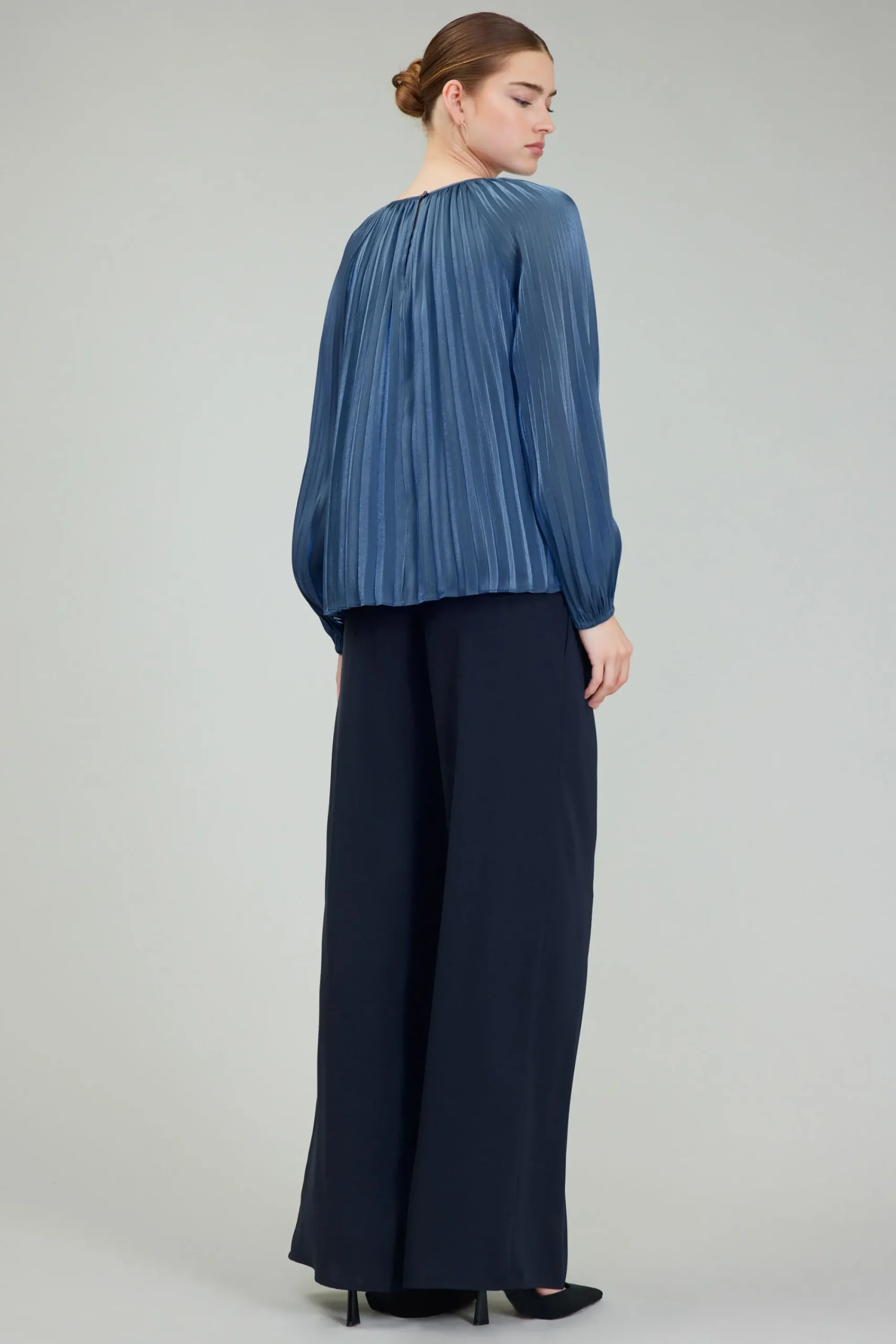 Current Air Long Sleeve Tops-Pleated Shimmery Blouse MIDNIGHTBLUE