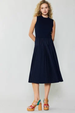 Current Air Knitwear | Midi Dresses-Pleated Skirt Sweater Dress NAVY