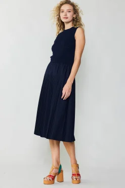Current Air Knitwear | Midi Dresses-Pleated Skirt Sweater Dress NAVY