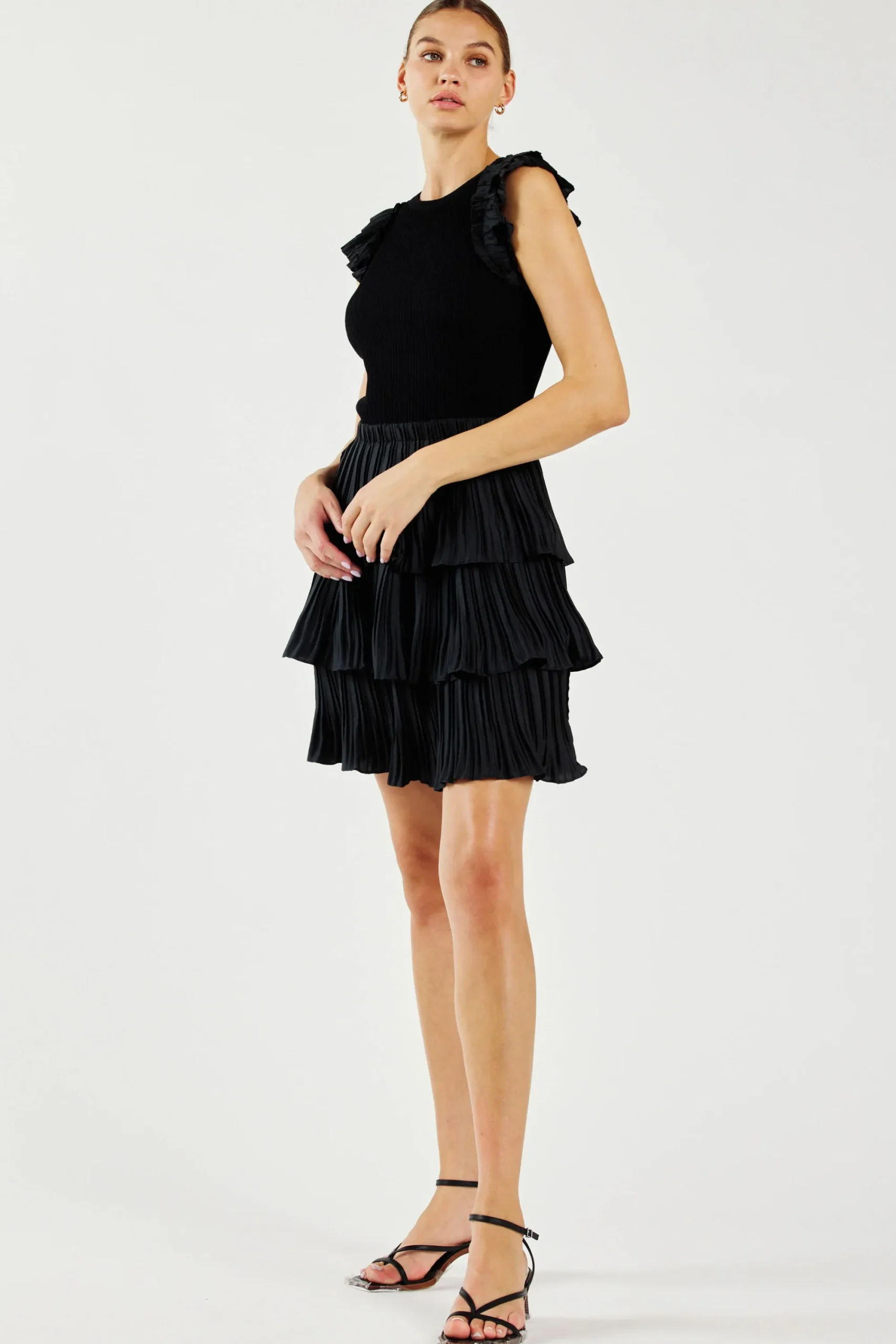 Current Air Knitwear | Mini Dresses-Pleated Skirt Sweater Dress BLACK