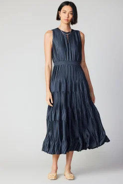 Current Air Maxi Dresses-Pleated Sleeveless Maxi Dress NAVY