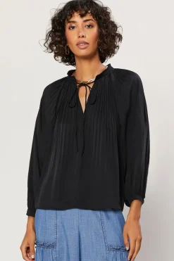 Current Air Long Sleeve Tops-Pleated Split Neck Top BLACK