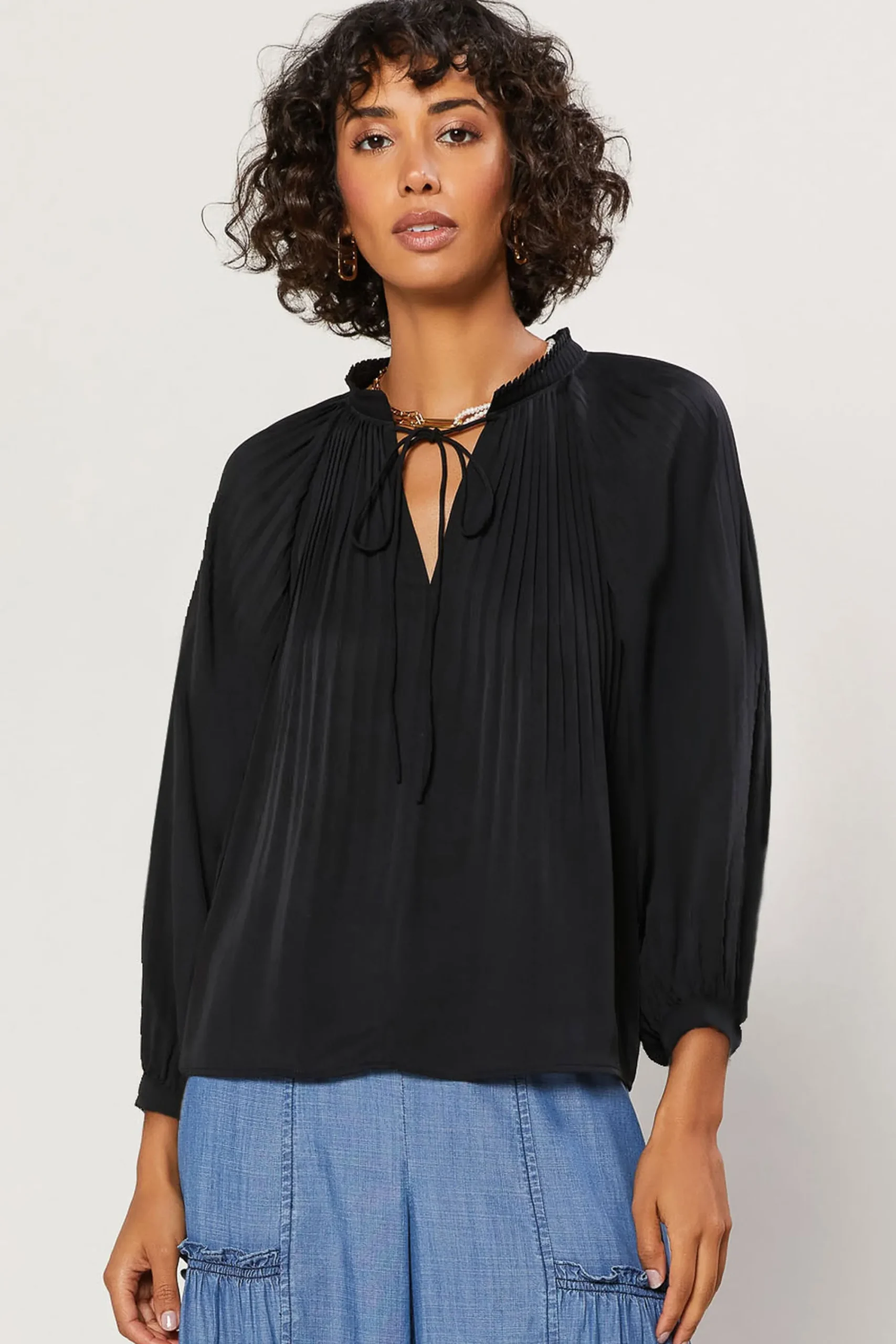 Current Air Long Sleeve Tops-Pleated Split Neck Top BLACK