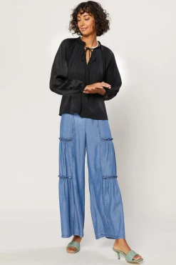 Current Air Long Sleeve Tops-Pleated Split Neck Top BLACK