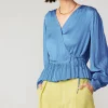 Current Air Long Sleeve Tops-Pleated Wrap Top DUSTYBLUE
