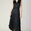 Current Air Midi Dresses-Plisse Buttondown Dress BLACK