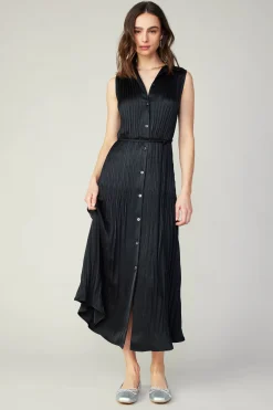 Current Air Midi Dresses-Plisse Buttondown Dress BLACK