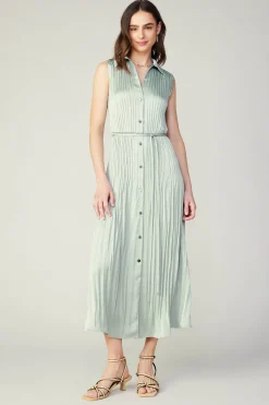 Current Air Midi Dresses-Plisse Buttondown Dress SILVERSAGE