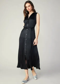 Current Air Midi Dresses-Plisse Buttondown Dress BLACK