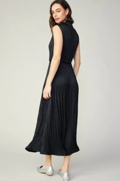 Current Air Midi Dresses-Plisse Buttondown Dress BLACK