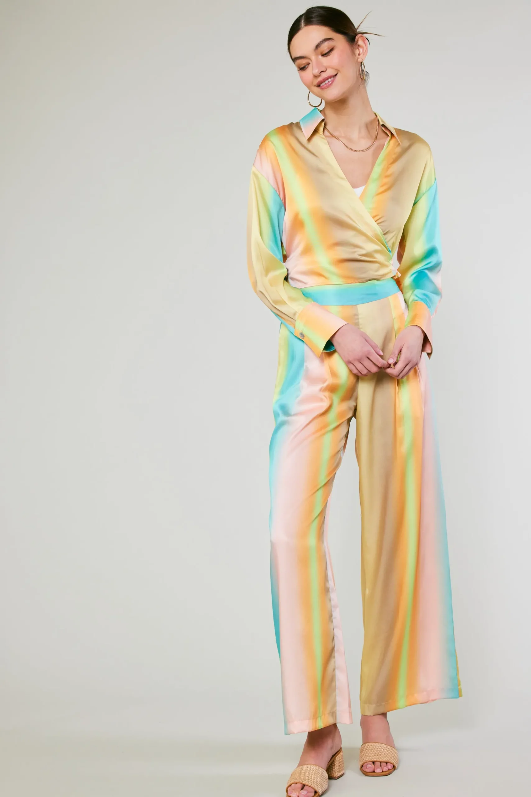 Current Air Long Sleeve Tops-Prismatic Gradient Front Tie Shirt DESERTRAINBOW