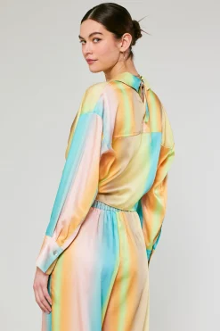 Current Air Long Sleeve Tops-Prismatic Gradient Front Tie Shirt DESERTRAINBOW