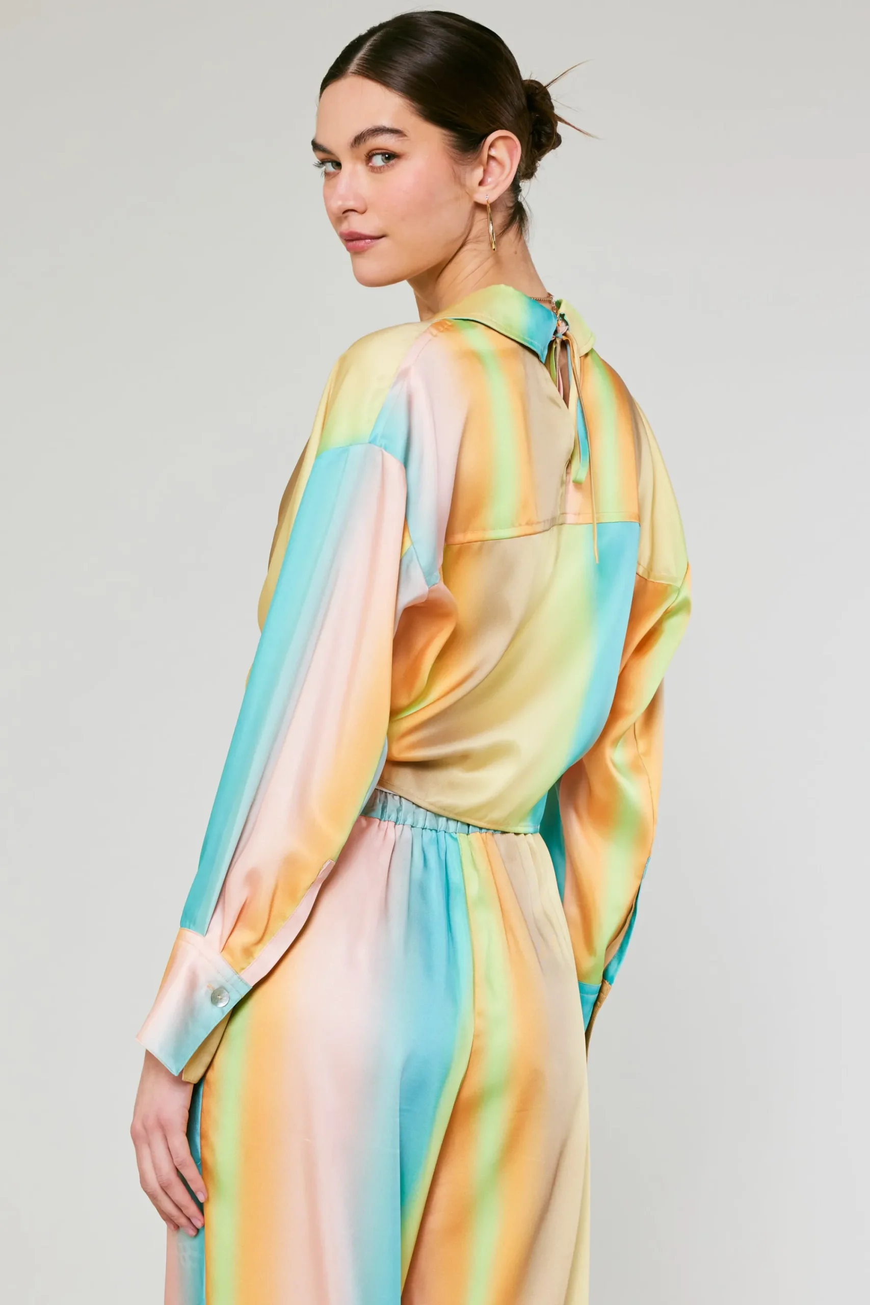 Current Air Long Sleeve Tops-Prismatic Gradient Front Tie Shirt DESERTRAINBOW