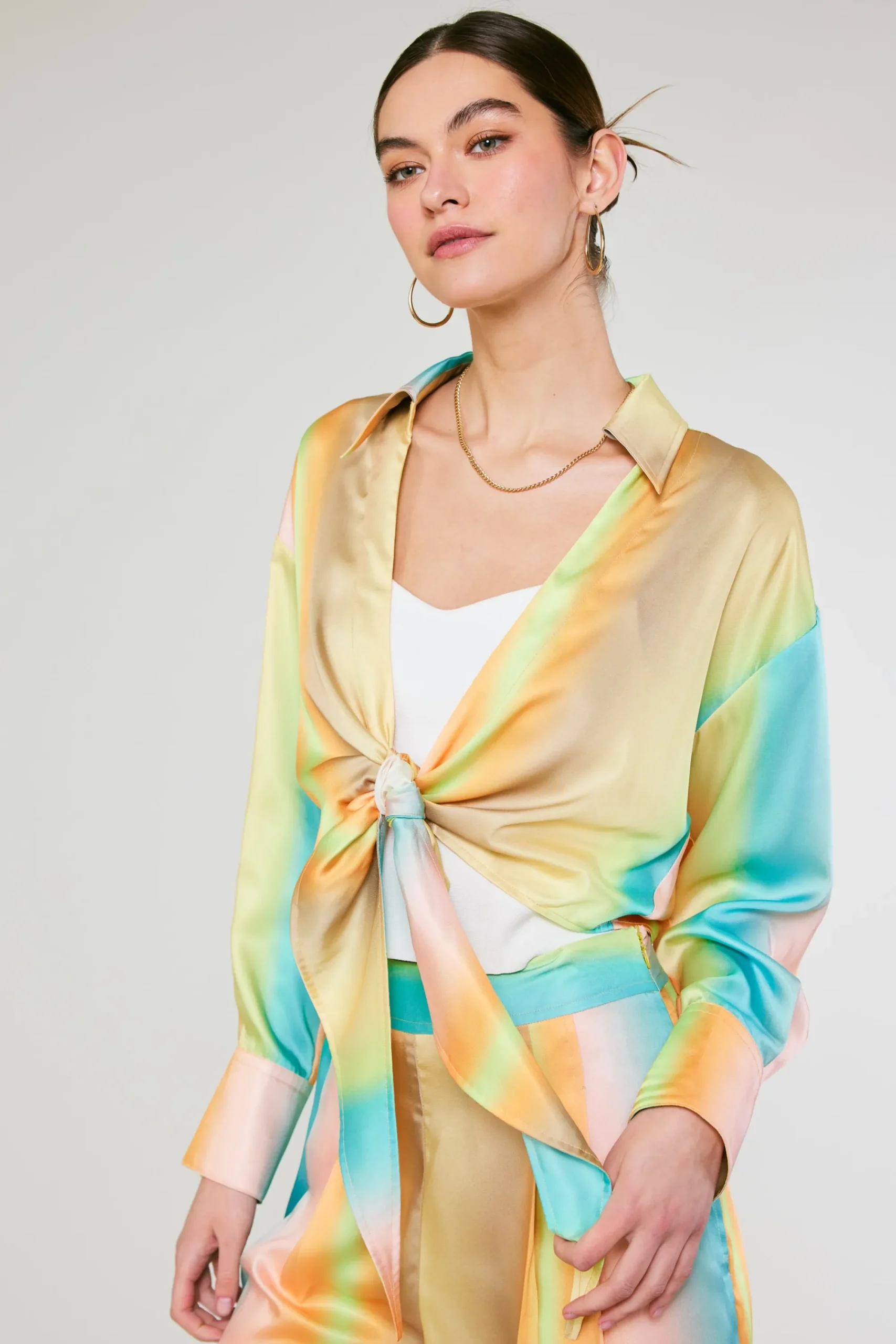 Current Air Long Sleeve Tops-Prismatic Gradient Front Tie Shirt DESERTRAINBOW