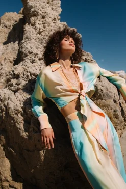Current Air Long Sleeve Tops-Prismatic Gradient Front Tie Shirt DESERTRAINBOW
