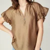 Current Air Short Sleeve Tops-Raglan Sleeve Button Blouse LATTE