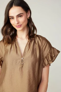 Current Air Short Sleeve Tops-Raglan Sleeve Button Blouse LATTE